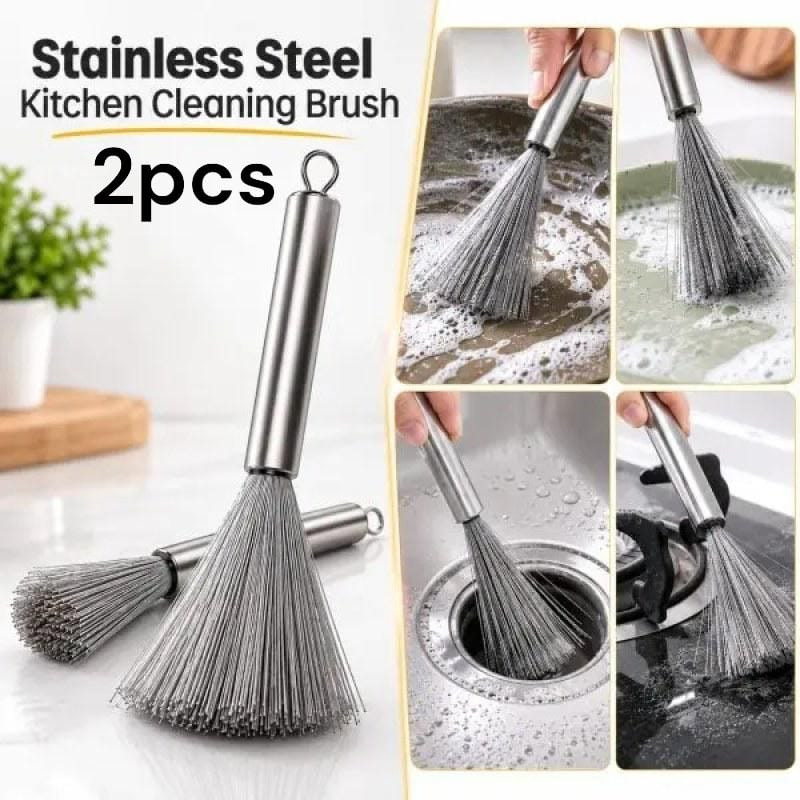 2pcs Long Handle Stainless Steel Kitchen Scrubbing Broom – Heavy Duty Pot, Pan & Sink Cleaning Brush- 000979