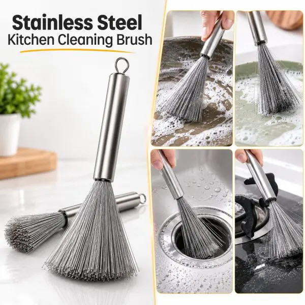 Long Handle Stainless Steel Kitchen Scrubbing Broom – Heavy Duty Pot, Pan & Sink Cleaning Brush- 000979
