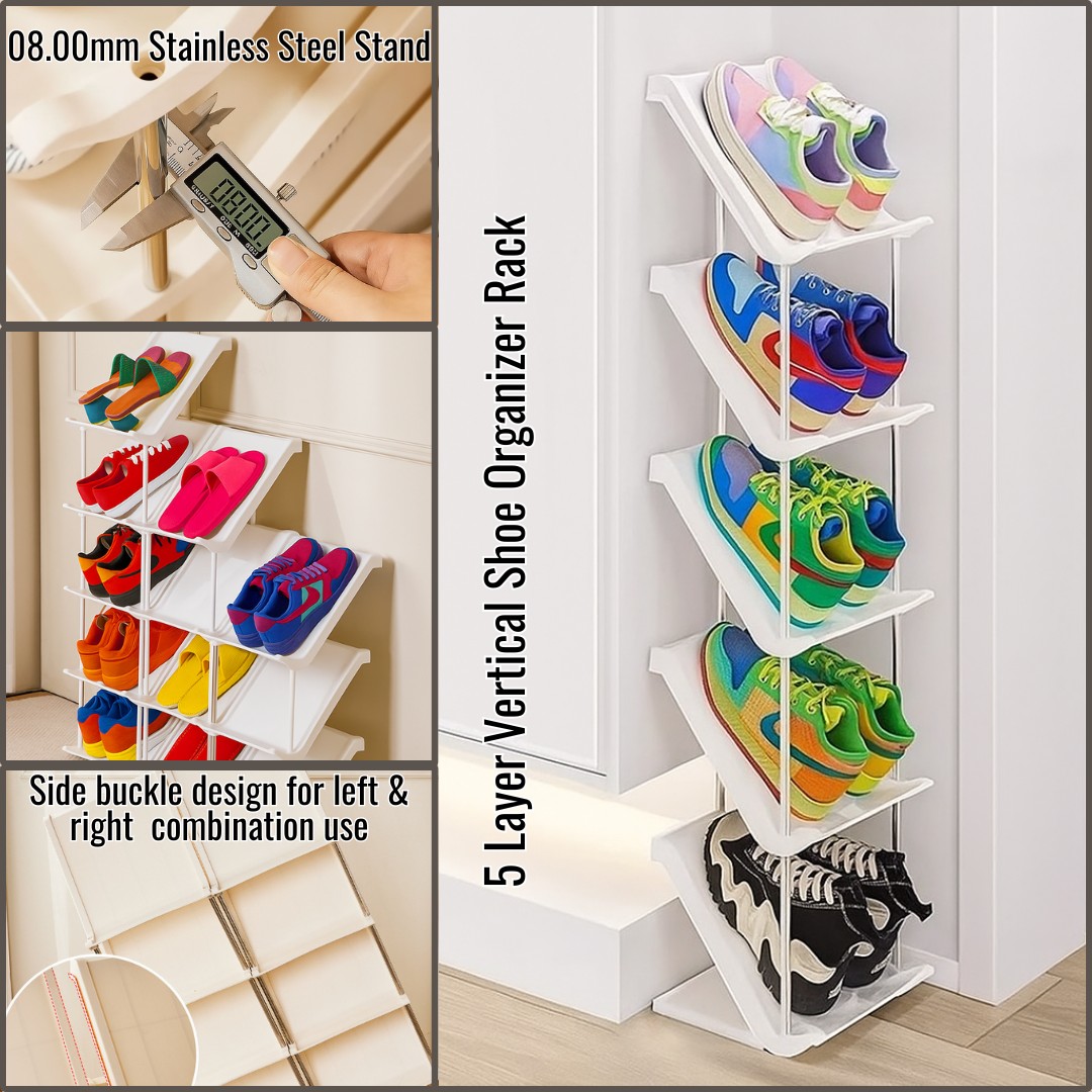 5 Layer Vertical Shoe Rack Space Saving Cabinet With Strong Load Bearing Stainless Steel Stand_000368