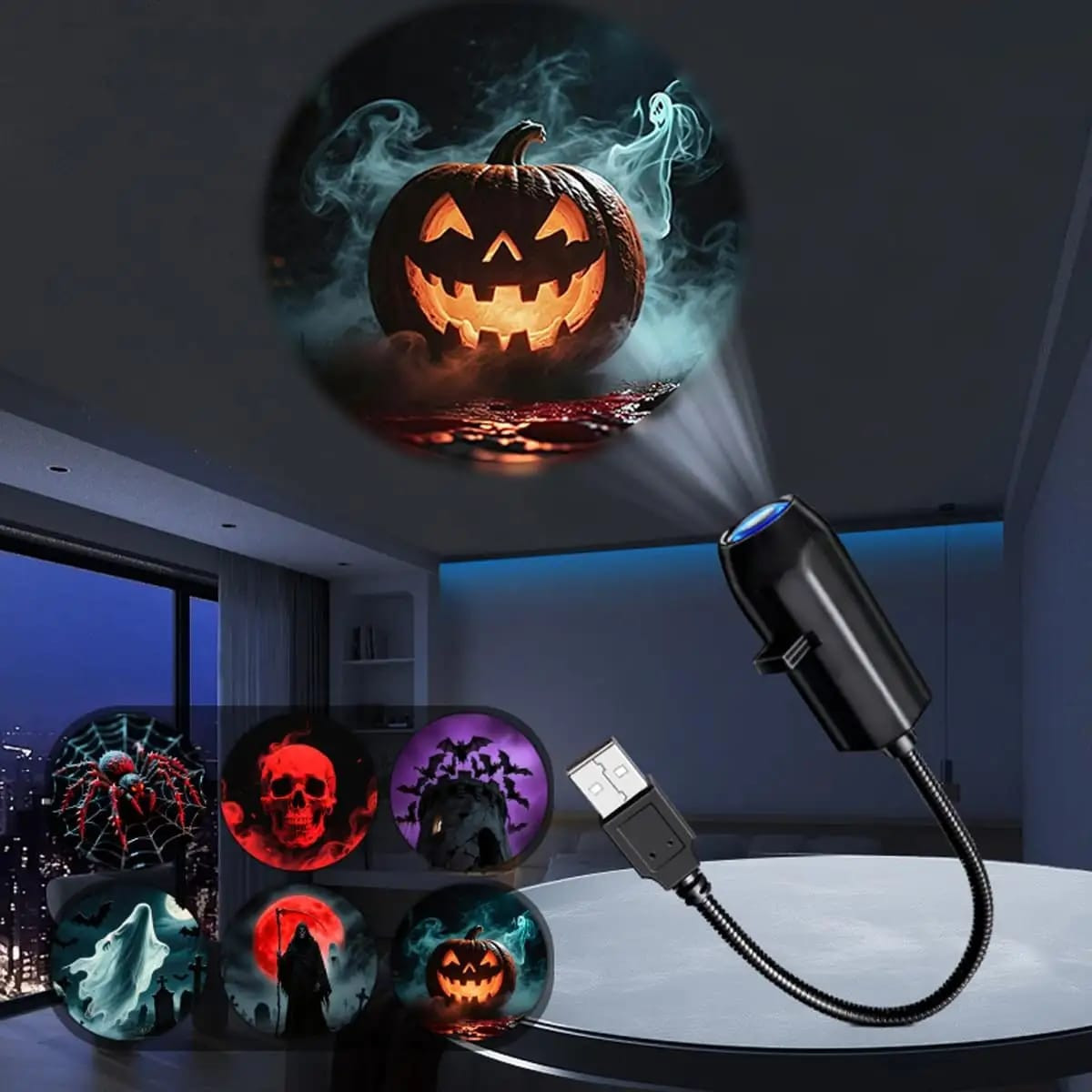 USB Projector Light 6pcs Projection Patterns- Adjustable Whale Jellyfish /Halloween/Moon Earth For Bedroom Wall Decor-000965